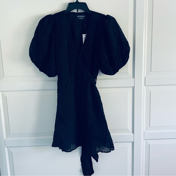 New! Minkpink Lylah puff sleeve Wrap Mini Dress black nwt 30312 - Picture 2 of 13